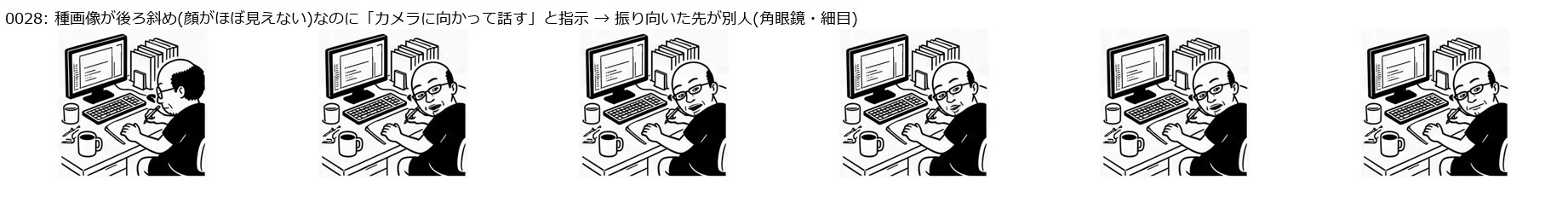 振り返ると別人。種画像が後ろ斜めからの絵で顔がほぼ見えないのに、「カメラに向かって話す」と指示したので、LTXが顔をでっち上げました。角眼鏡、細い目、別の髪型