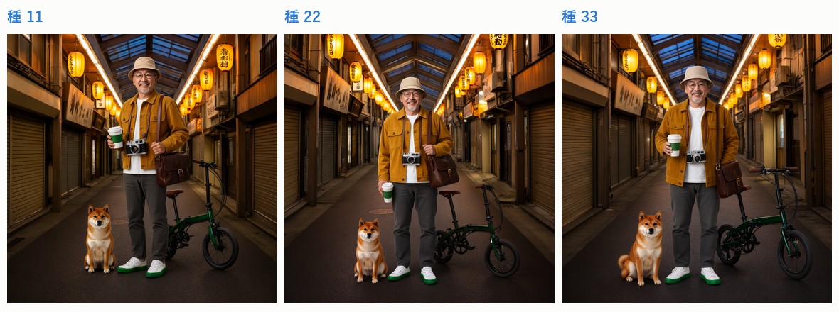 2.1に参照10枚。帽子・スニーカー・鞄・自転車・コーヒーまで、3枚とも全部入りです。ここまで来ると、もはや何の撮影なのか分かりません(笑