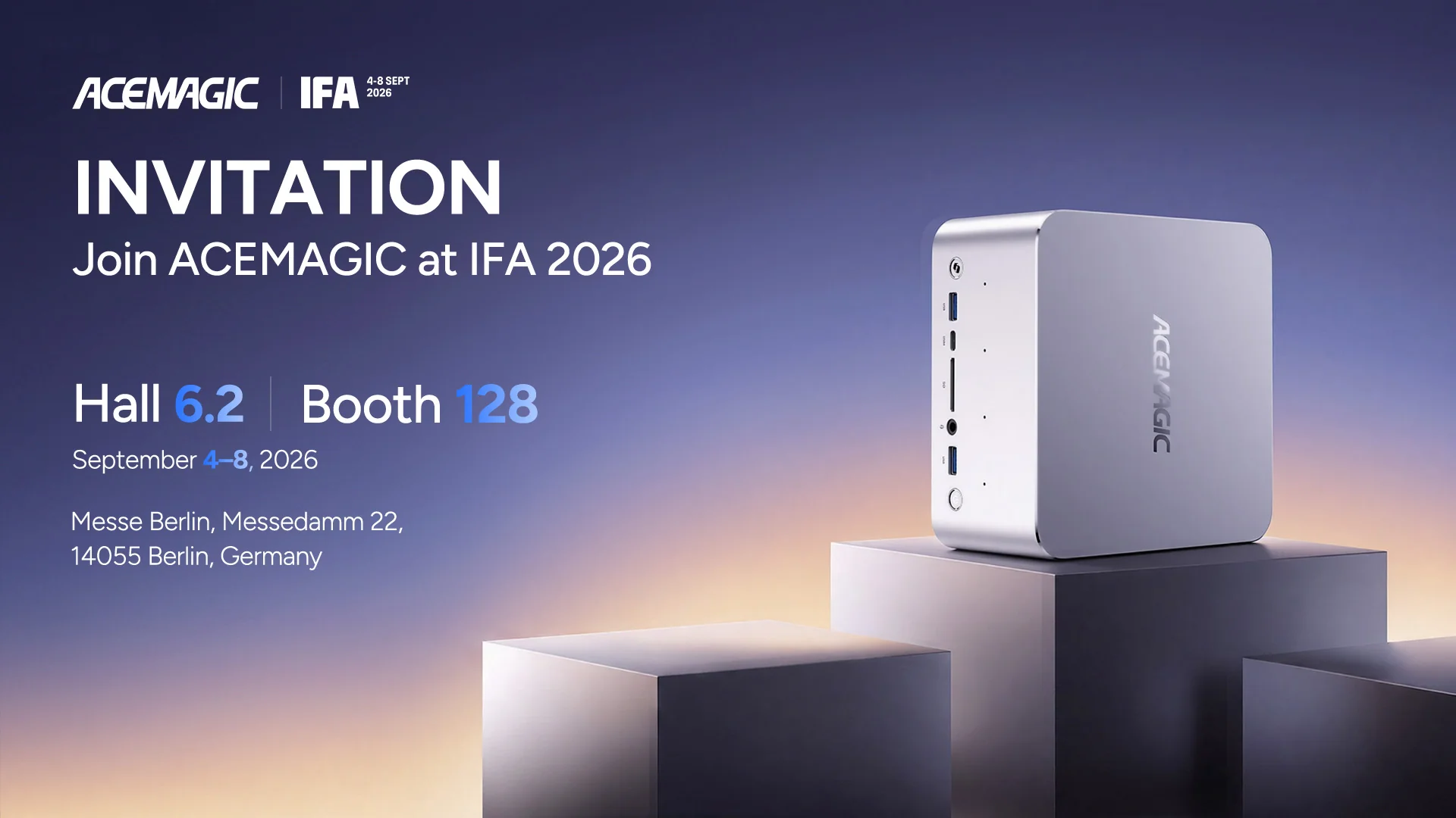 ACEMAGICのIFA 2026出展告知。展示機「F9A」は最上位構成がPRO 495+192GBです(画像: ACEMAGIC、発表記事より)